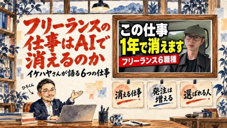 フリーランスの仕事はAIで消えるのかという話を紹介した記事のアイキャッチ。大きな筆文字の題と、机でノートパソコンを前に手を広げるひろくん、壁の三つの札、額縁の中に動画のサムネイル