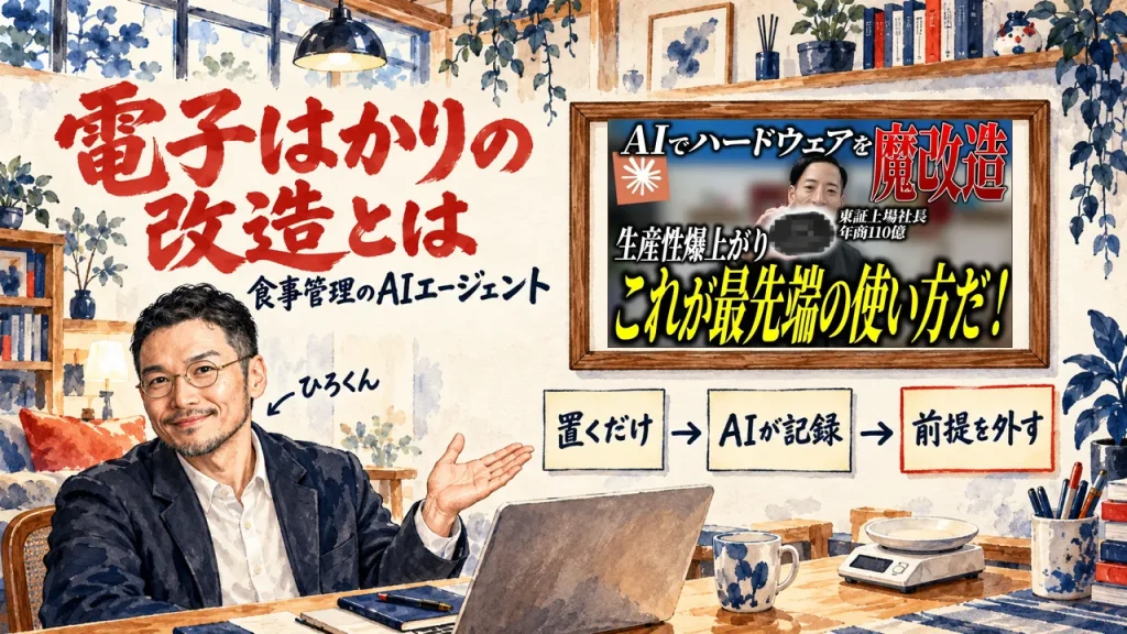 電子はかりの改造とは、の筆文字の題字の下で、ひろくんが、置くだけ、AIが記録、前提を外す、の三つの付箋を紹介している水彩の場面。壁に動画のサムネイル
