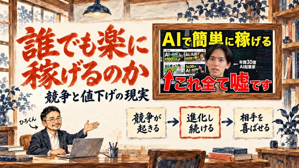 誰でも楽に稼げるのか、の筆文字の題字の下で、ひろくんが、競争が起きる、進化し続ける、相手を喜ばせる、の三つの付箋を紹介している水彩の場面。壁に動画のサムネイル