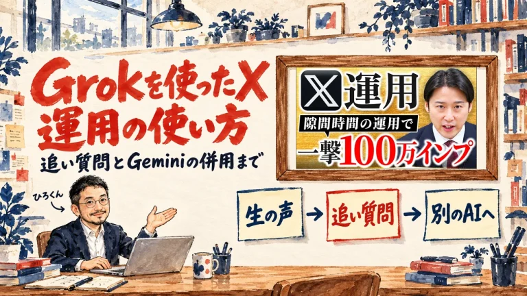 Grokを使ったX運用の使い方、の筆文字の題字の下で、ひろくんが、生の声、追い質問、別のAIへの三つの付箋を紹介している水彩の場面。壁に動画のサムネイル