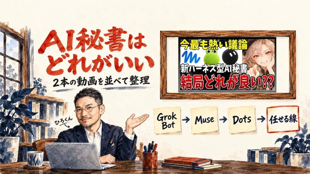 AI秘書はどれがいい、2本の動画を並べて整理、の筆文字の題字の下で、ひろくんが、Grok Bot、Muse、Dots、任せる線、の四つの付箋を紹介している水彩の場面。壁に動画のサムネイル