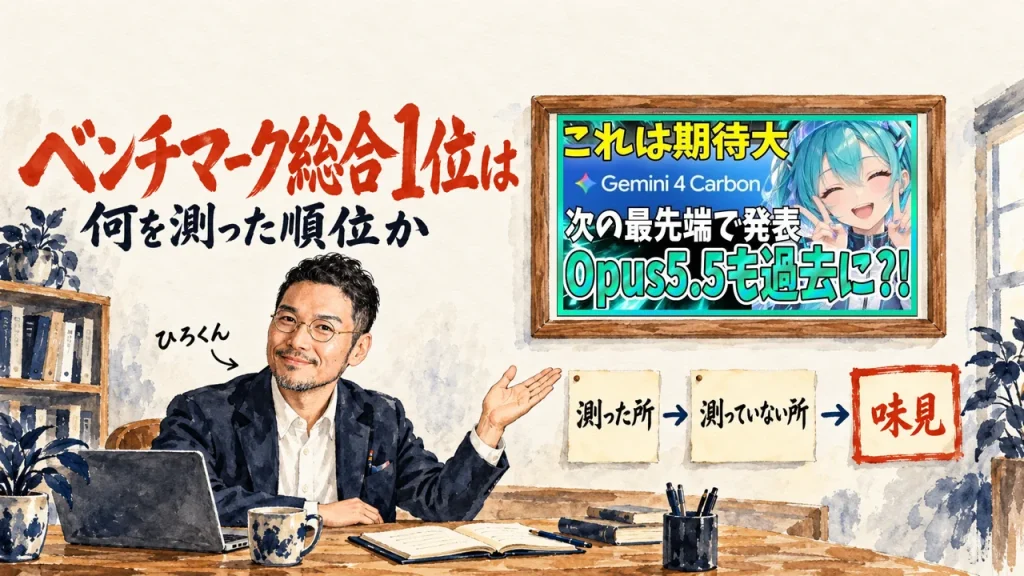 ベンチマーク総合1位は、何を測った順位か、の筆文字の題字の下で、ひろくんが、測った所、測っていない所、味見、の三つの付箋を紹介している水彩の場面。壁に動画のサムネイル