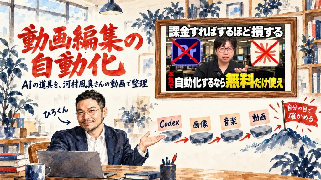 動画編集の自動化という題字の下で、ひろくんが、四つの飛び石から旗へ進む図を紹介している水彩の場面。壁に動画のサムネイル