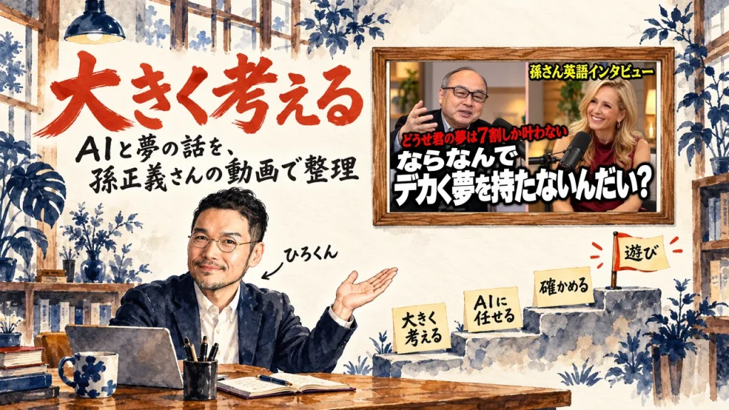 大きく考えるという題字の下で、ひろくんが、三段の階段と旗の図を紹介している水彩の場面。壁に動画のサムネイル