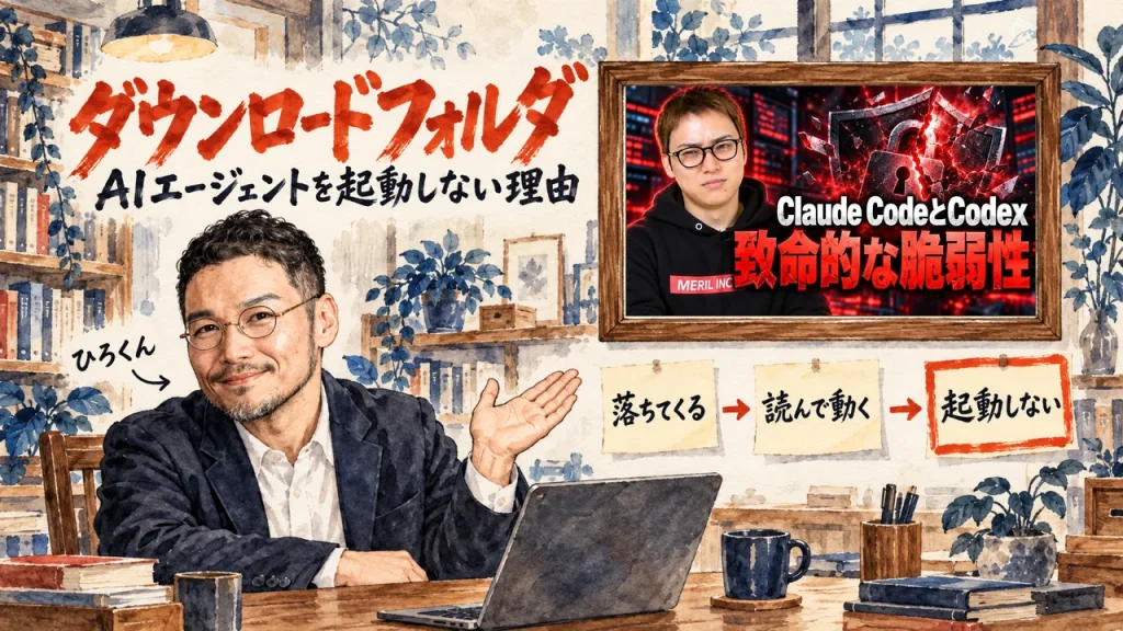 ダウンロードフォルダ、AIエージェントを起動しない理由、の筆文字の題字の下で、ひろくんが、落ちてくる、読んで動く、起動しない、の三つの付箋を紹介している水彩の場面。壁に動画のサムネイル