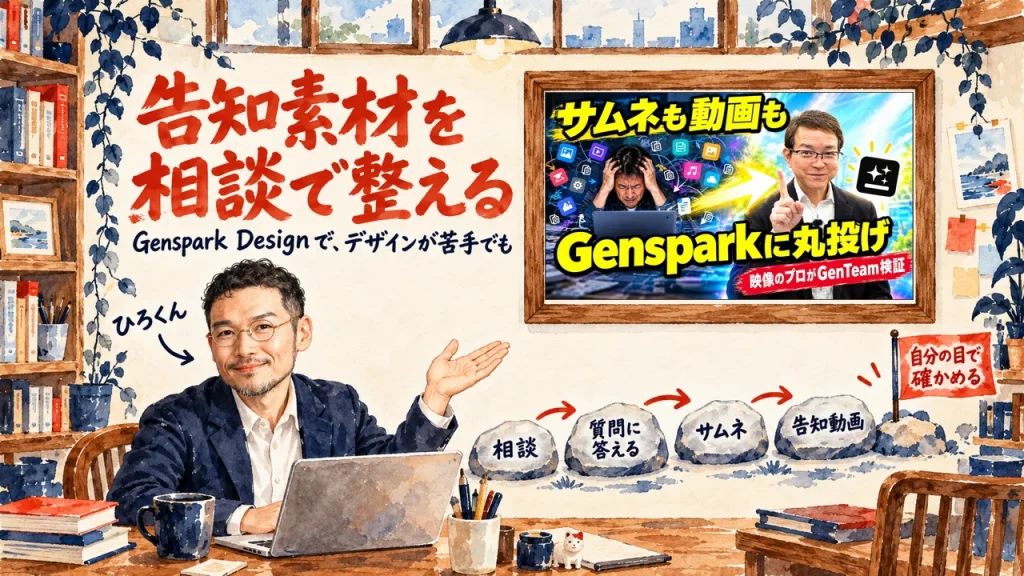水彩の書斎で、ひろくんがノートパソコンの前から手を差し出している。左に告知素材を相談で整えるの題と、Genspark Designで、デザインが苦手でもの副題。下に相談、質問に答える、サムネ、告知動画の飛び石と、自分の目で確かめるの旗。右上の木枠には、壁に動画のサムネイル
