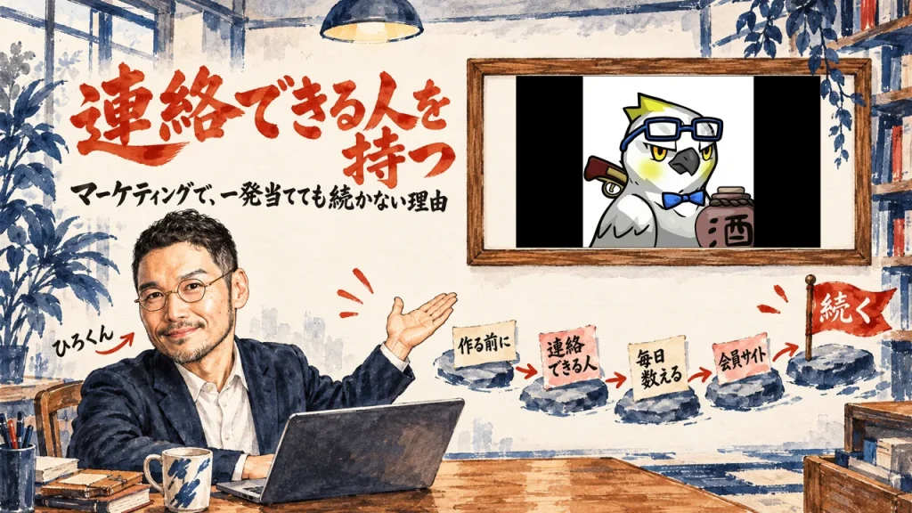 水彩の書斎で、ひろくんがノートパソコンの前から右手を差し出している。左上に連絡できる人を持つの題と、マーケティングで、一発当てても続かない理由の副題。右の壁に作る前に、連絡できる人、毎日数える、会員サイトの飛び石が並び、続くの旗が立つ。右上の木枠には、壁に動画のサムネイル