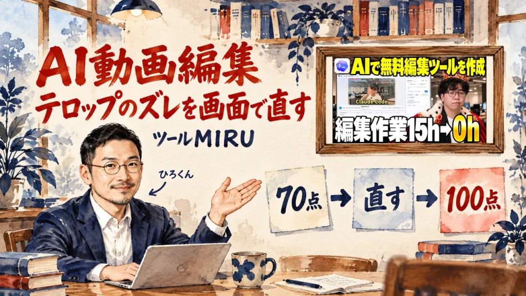 Claude CodeやCodexで作った動画を、人が画面で仕上げるツールMIRUを、ひろくんが紹介する書斎の水彩イラスト。左に笑顔のひろくん、右上の壁の額縁に動画のサムネイル、その下に70点、直す、100点の三枚の付箋が並び、筆文字でAI動画編集 テロップのズレを画面で直す、ツールMIRUと書かれている。壁に動画のサムネイル