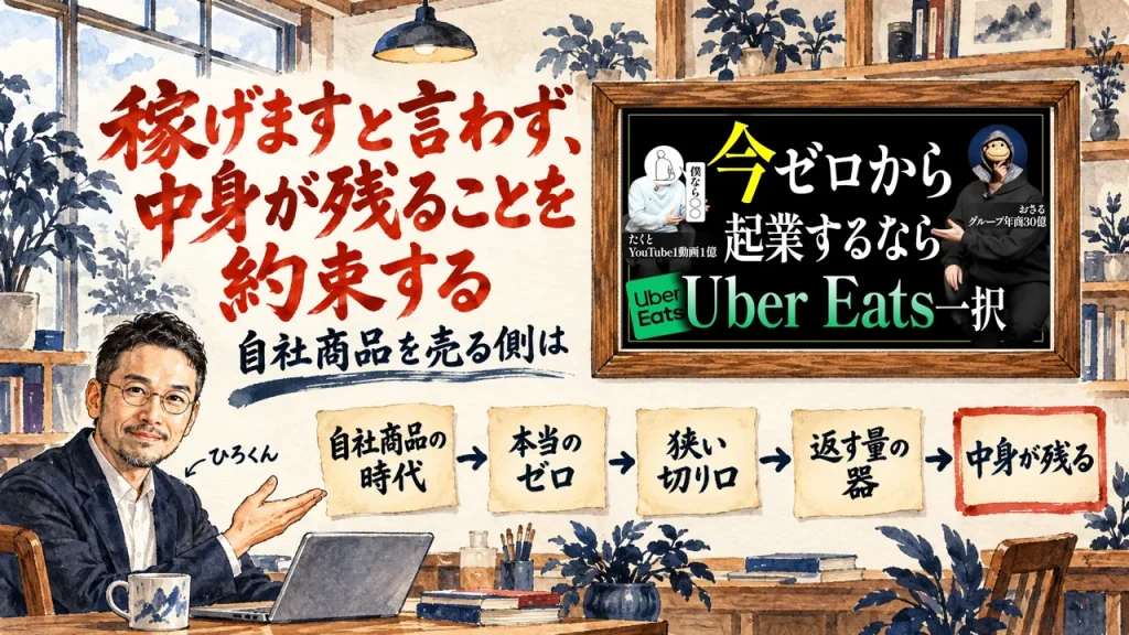 稼げますと言わず、中身が残ることを約束する、という筆文字の題字の下で、ひろくんが、自社商品の時代、本当のゼロ、狭い切り口、返す量の器、中身が残るの五つの付箋を紹介している水彩の場面。壁の額に動画のサムネイル
