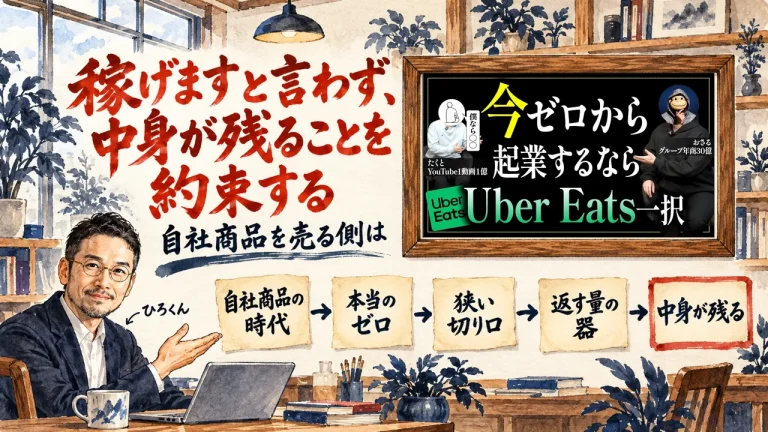 稼げますと言わず、中身が残ることを約束する、という筆文字の題字の下で、ひろくんが、自社商品の時代、本当のゼロ、狭い切り口、返す量の器、中身が残るの五つの付箋を紹介している水彩の場面。壁の額に動画のサムネイル