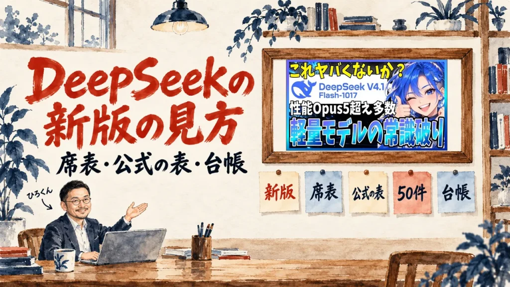 DeepSeek の新版を読む記事のアイキャッチ。左に大きな朱色の題字、左下に机でノートPCに向かい右手で壁を示すひろくん、壁に新版・席表・公式の表・50件・台帳の5枚の付箋と、まさおさんの動画のサムネイル