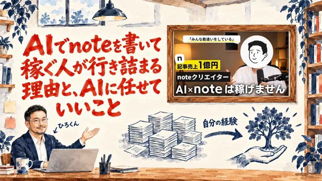 AIでnoteを書いて稼ぐ人が行き詰まる理由を、ひらかわさんの話で整理、と描いた水彩のアイキャッチ。右上の額縁にひらかわさんの動画のサムネイル