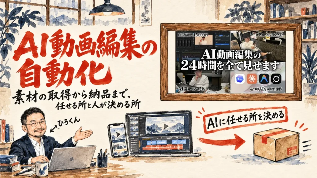 AI動画編集の自動化をテーマにした記事のアイキャッチ。机のノートPCの前で、素材の取得から納品までの流れを紹介する人物。壁の額縁に動画のサムネイル