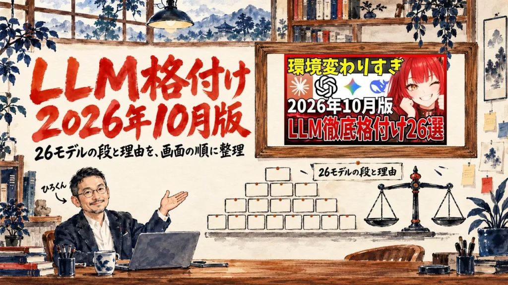 LLM格付けをテーマにした記事のアイキャッチ。机のノートPCの前で、26モデルの段表を紹介する人物。壁の額縁に動画のサムネイル