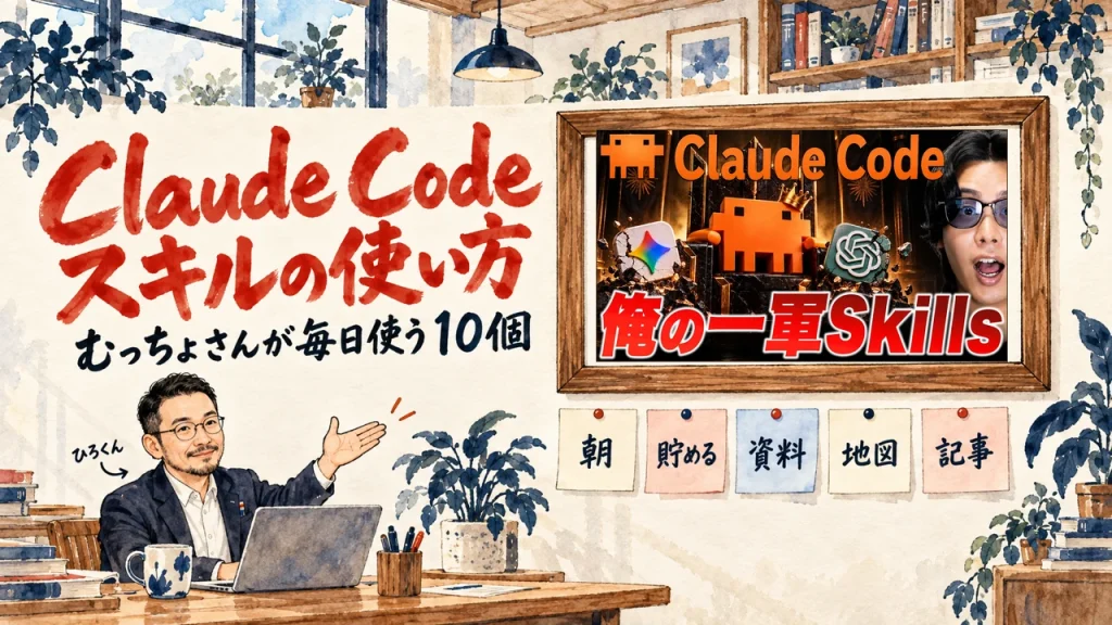 Claude Codeのスキルをテーマにした記事のアイキャッチ。左に大きな朱色の題字、左下に机でノートPCに向かい右手で壁を示すひろくん、右上の木の額縁に動画のサムネイル