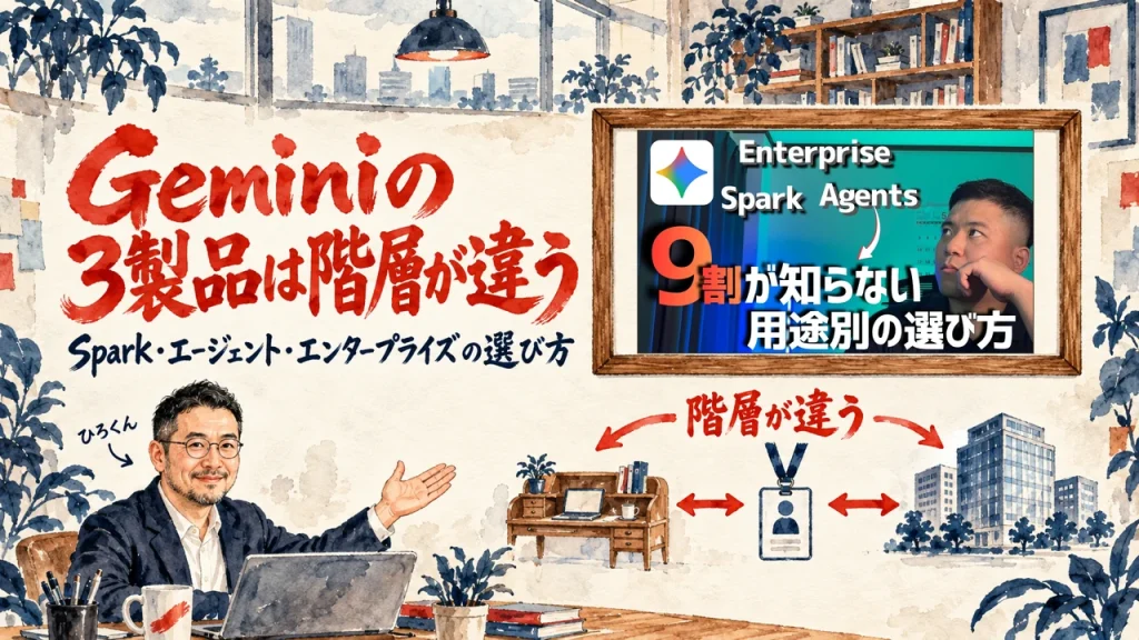 Geminiの3製品は階層が違う、という記事のアイキャッチ。机のノートPCの前の男性が、壁の絵(個人の机、社員証、オフィスビル)を手で示している。右上の額縁に動画のサムネイル