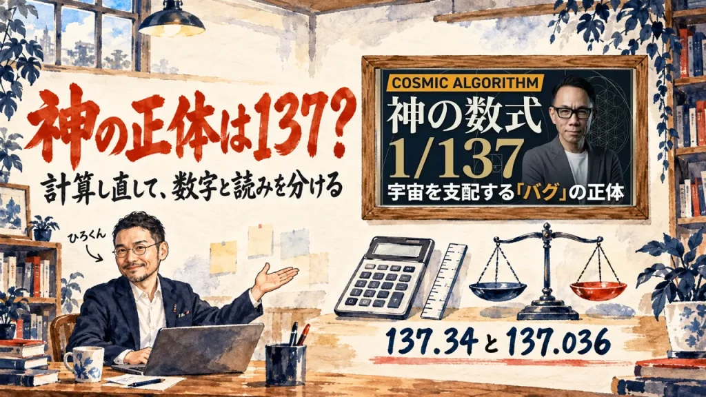 神の正体は137という数式、をテーマにした記事のアイキャッチ。壁の額縁に動画のサムネイル