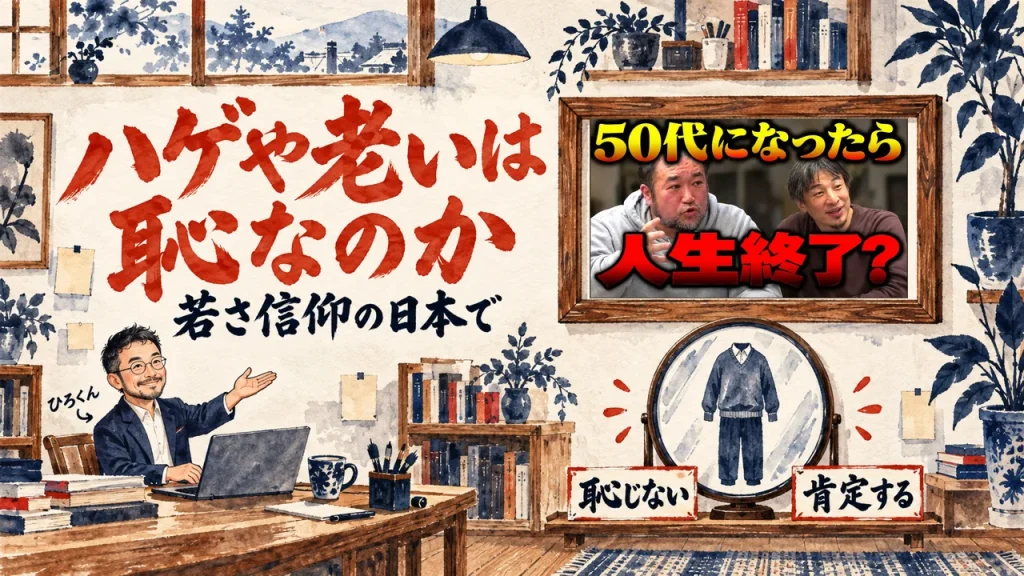年を取った体を恥じない、をテーマにした記事のアイキャッチ。壁に掛けた大きな鏡と、年を重ねた体の輪郭の絵。壁の額縁に動画のサムネイル