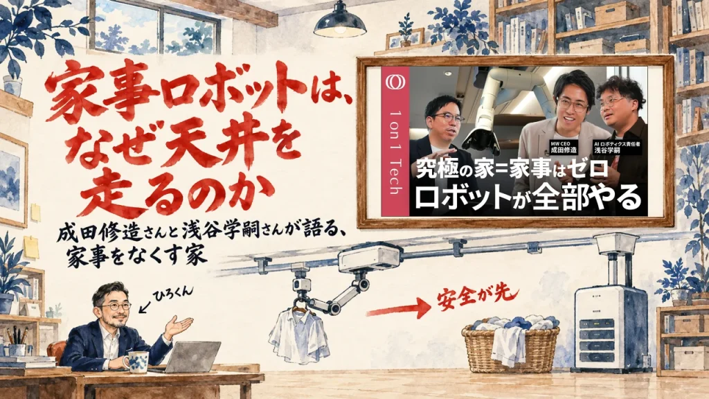 家事をなくす家をテーマにした記事のアイキャッチ。机のノートPCの前で、天井のレールを動くロボットアームと、洗濯物のかご、家のサーバーの絵を紹介する人物。壁の額縁に動画のサムネイル