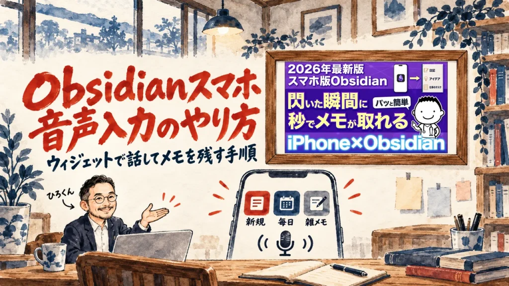 Obsidianスマホ音声入力のやり方、というタイトルの大きな筆文字。机に向かう私が手を広げ、手前にスマホとホーム画面の三つのウィジェットの絵、右上の壁に動画のサムネイル