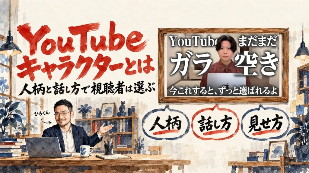 YouTubeのキャラクターをテーマにした記事のアイキャッチ。左に大きな朱色の題字、左下に机でノートPCに向かい右手で壁を示すひろくん、右上の木の額縁に動画のサムネイル