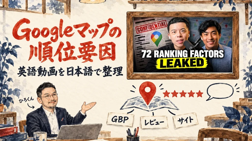 Googleマップの順位要因、というタイトルの大きな筆文字。小さな私が手前で手を広げ、右上の額縁に動画のサムネイル