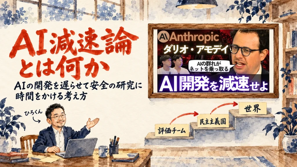 AI開発の減速論をテーマにした記事のアイキャッチ。机のノートPCの前で、三段の階段の図を紹介する人物。壁の額縁に動画のサムネイル