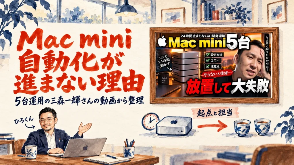Mac mini 自動化が進まない理由を紹介する記事のアイキャッチ。机のノートPCの前で笑顔で手を広げるひろくん。右に時計とMac miniの絵と、起点と担当、の札、二つの湯のみの絵。壁の額縁に動画のサムネイル