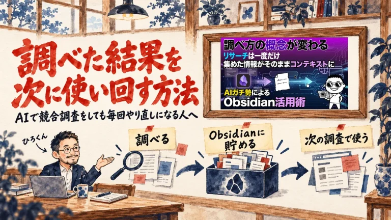 調べた結果を次に使い回す方法を、ひろくんと付箋の図で表したアイキャッチ。壁に動画のサムネイル