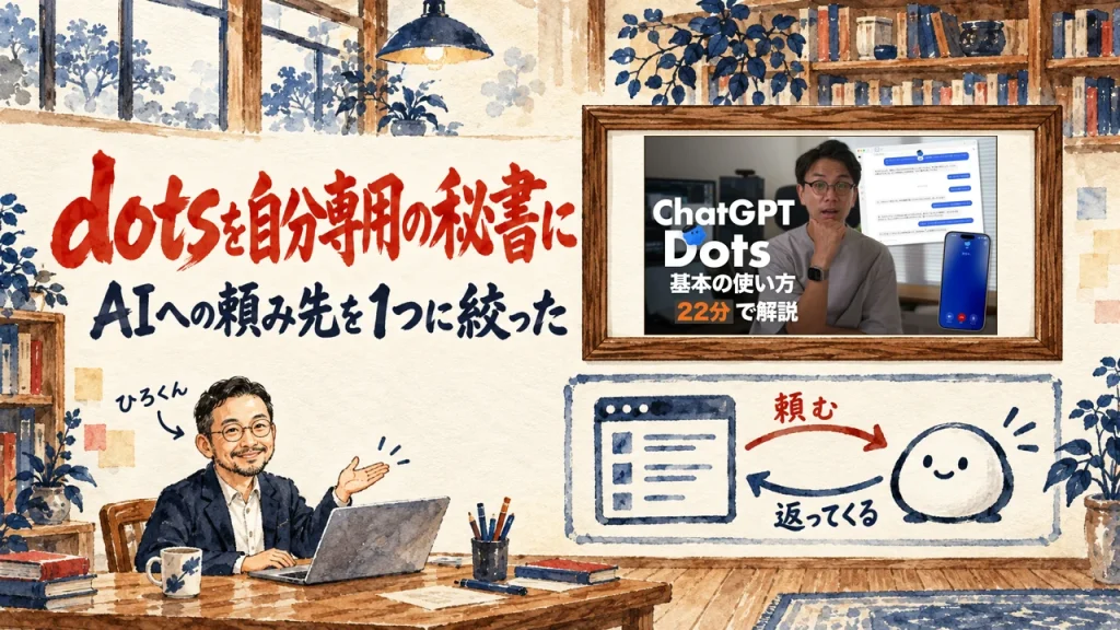 dotsを自分専用の秘書に、AIへの頼み先を1つに絞った、と大きく書かれたアイキャッチ。左下で笑顔の人物がノートPCの前から右の壁を指し、壁には頼む矢印と返ってくる矢印の図と、額縁に入った動画のサムネイル