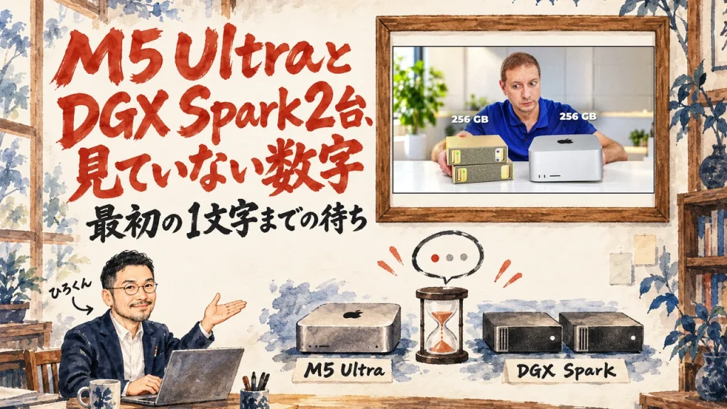 M5 UltraとDGX Spark2台、見ていない数字、というタイトルの大きな筆文字。小さな私が手前で手を広げ、右上の額縁に動画のサムネイル