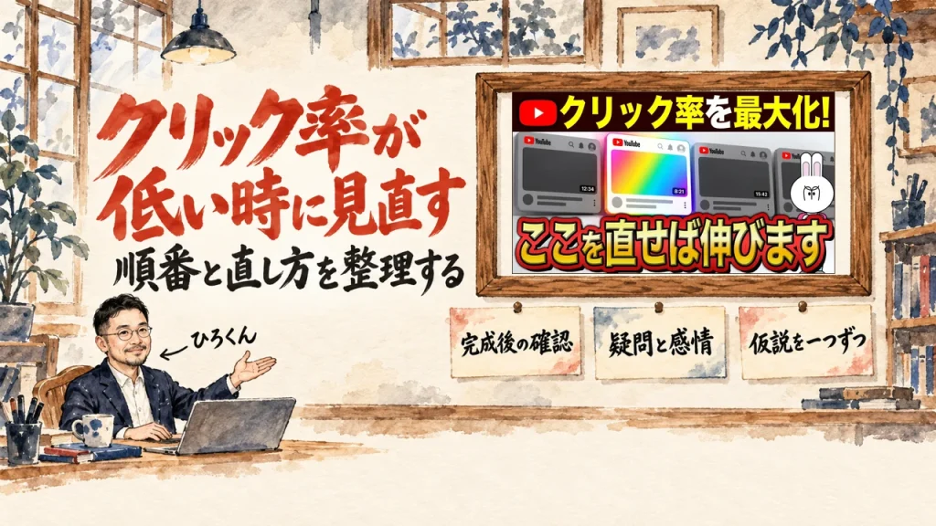 サムネイルのクリック率をテーマにした記事のアイキャッチ。机のノートPCの前で手を差し出すひろくんと、壁に貼られた完成後の確認、疑問と感情、仮説を一つずつ、の3枚の札。壁の額縁に動画のサムネイル