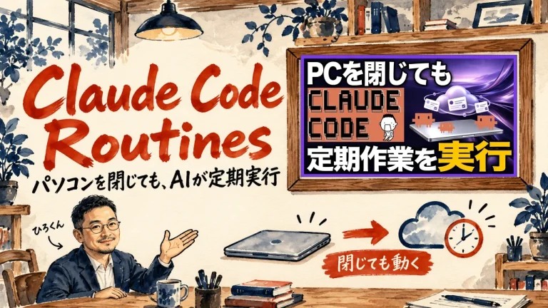 Claude Code Routinesの紹介記事のアイキャッチ。机のノートPCの前で、閉じたノートPCと雲と時計の絵を紹介する人物。壁の額縁に動画のサムネイル