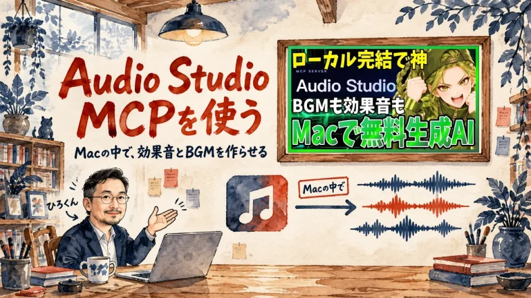 Audio Studio MCPの紹介記事のアイキャッチ。机のノートPCの前で、音符のついた箱と、三本の波形の絵を紹介する人物。壁の額縁に動画のサムネイル