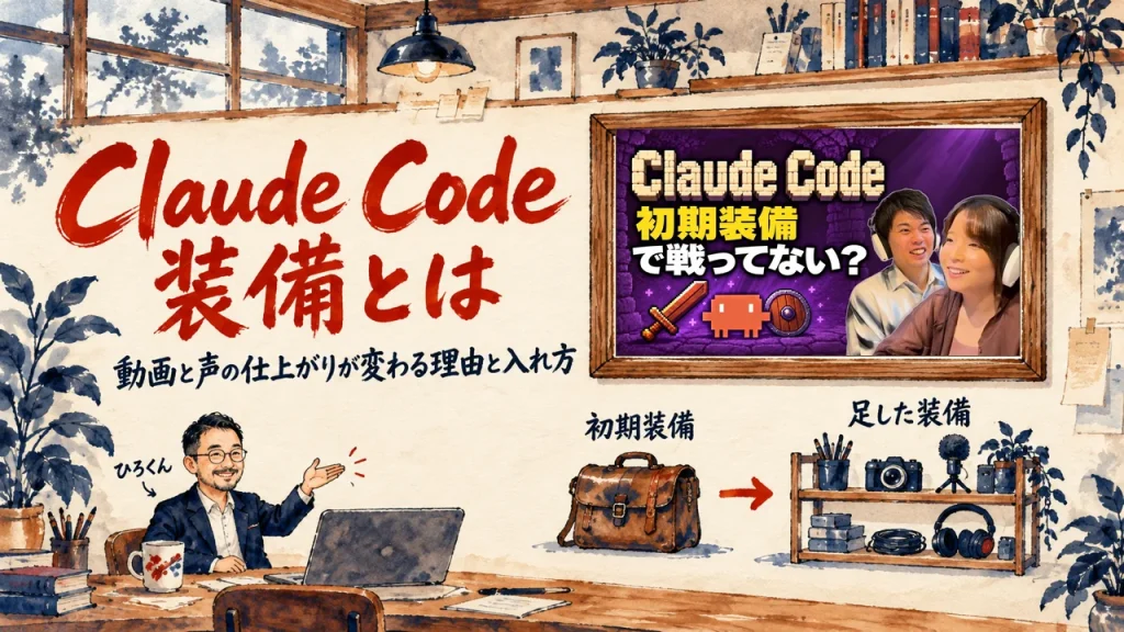 Claude Code 装備とは、と大きく書かれたアイキャッチ。左下で笑顔の人物がノートPCの前から右の壁を指し、壁には初期装備と道具を足した装備を比べる図と、額縁に入った動画のサムネイル
