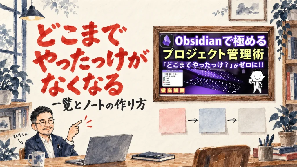 どこまでやったっけがなくなる、と書いた題字の横で、ひろくんが机から壁の付箋を指している絵と、壁の額縁に入った動画のサムネイル