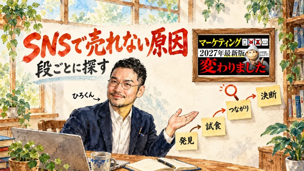 SNSで売れない原因、段ごとに探す。ひろくんが発見・試食・つながり・決断の4つの付箋を1本の線でつないで示すアイキャッチ。壁の額縁に動画のサムネイル
