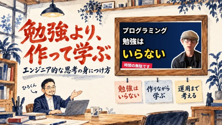 プログラミングの勉強より作りながら学ぶことをテーマにした記事のアイキャッチ。壁に貼られた3枚の札と、壁の額縁に動画のサムネイル