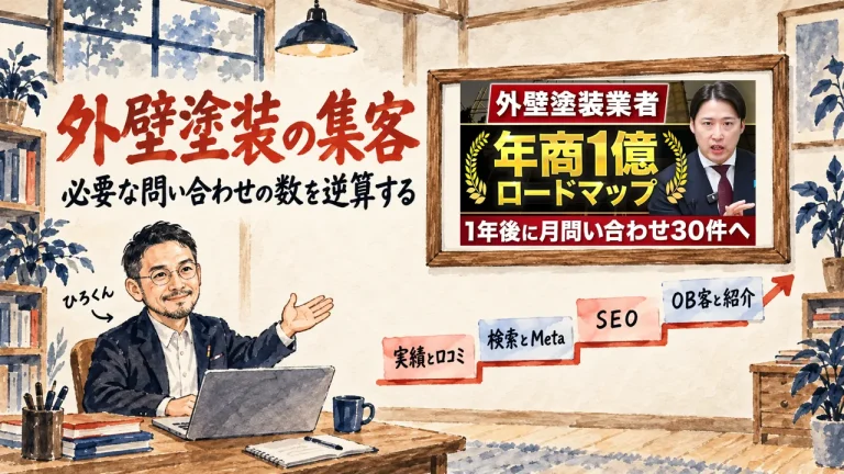 外壁塗装の集客、必要な問い合わせの数を逆算する、と大きく書かれたアイキャッチ。左下で笑顔の人物が右の壁を指し、壁には左から右へ上がる四段の階段の絵と、額縁に入った動画のサムネイル