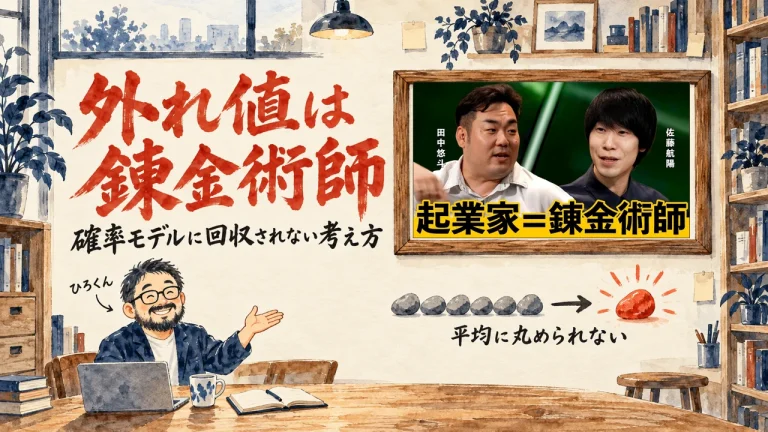 佐藤航陽さんと田中悠斗さんの対談の紹介記事のアイキャッチ。机のノートPCの前で壁の図を紹介する人物。壁の額縁に動画のサムネイル