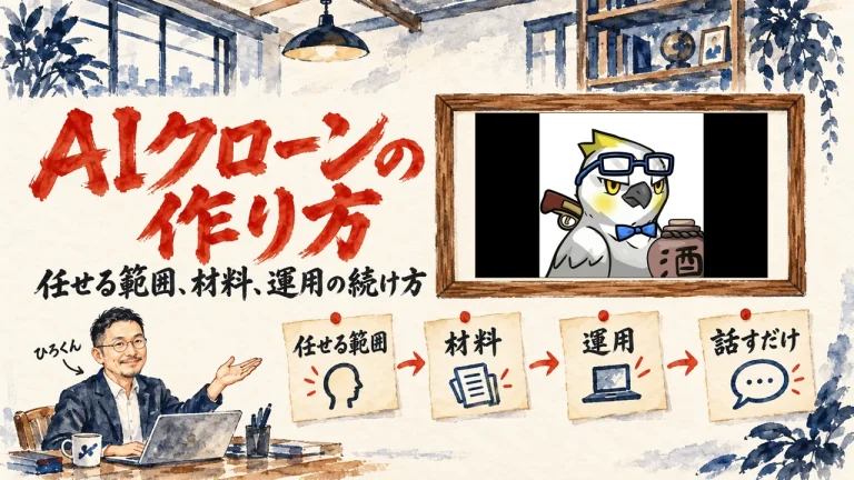 AIクローンをテーマにした記事のアイキャッチ。机のノートPCの前で手を差し出すひろくんと、壁に貼られた任せる範囲、材料、運用、話すだけ、の4枚の札。壁の額縁に動画のサムネイル