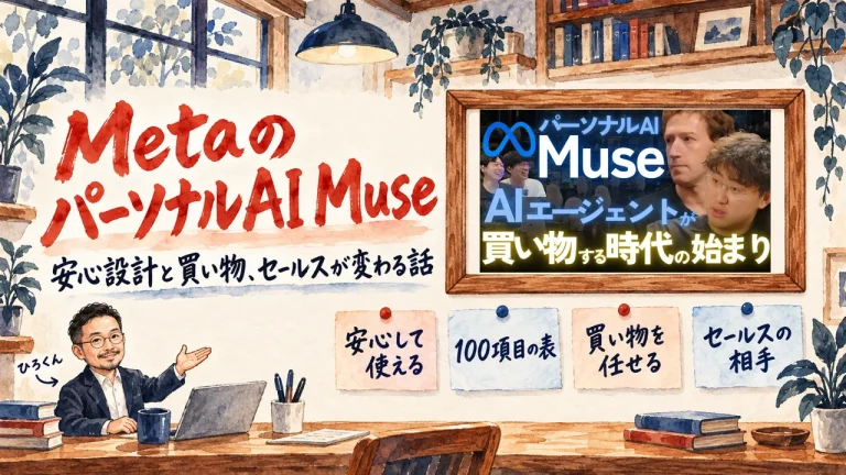 MetaのパーソナルAI Museの記事のアイキャッチ。水彩画の書斎で、小さく描いたひろくんが、壁の額縁に飾った動画のサムネイル