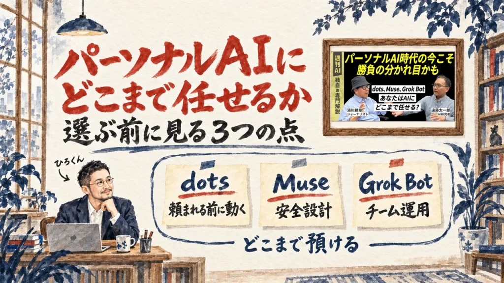 パーソナルAIにどこまで任せるかと書いた題字の下で、ひろくんが小さく描かれ、dots・Muse・Grok Botの3枚の付箋と、壁の額縁に入った動画のサムネイル