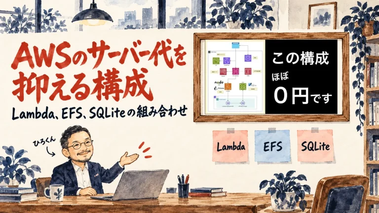 AWSのサーバー代を抑える構成をテーマにした記事のアイキャッチ。机のノートPCの前で手を差し出すひろくんと、壁に貼られたLambda、EFS、SQLiteの3枚の札。壁の額縁に動画のサムネイル