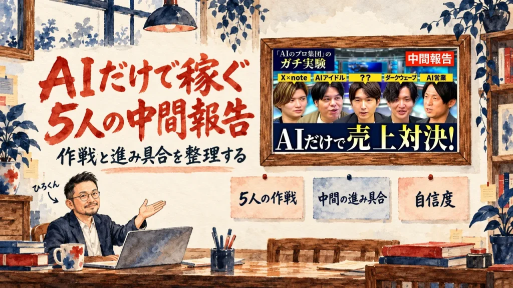 AIだけで稼ぐ企画の中間報告をテーマにしたアイキャッチ。机のノートPCの前で手を差し出すひろくんと、壁に貼られた5人の作戦、中間の進み具合、自信度の3枚の札。壁の額縁に動画のサムネイル