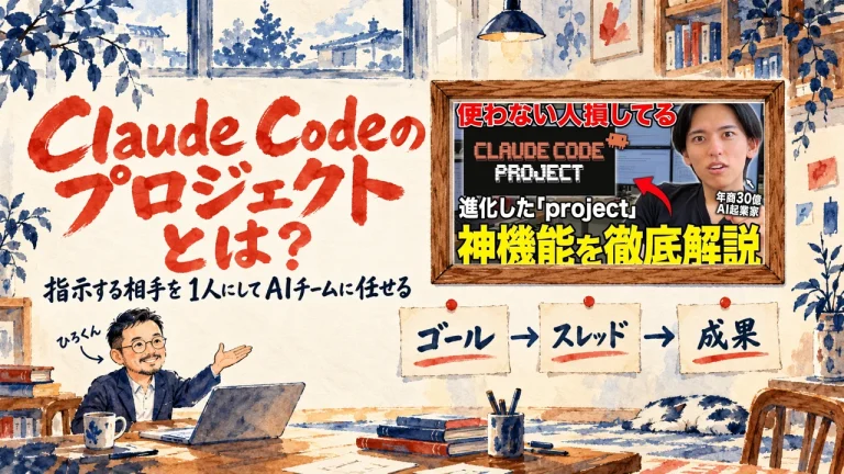 指示する相手を1人にして、AIチームに任せるプロジェクトをテーマにしたアイキャッチ。机のノートPCの前で手を差し出すひろくんと、壁に貼られたゴール、スレッド、成果の3枚の札。壁の額縁に動画のサムネイル