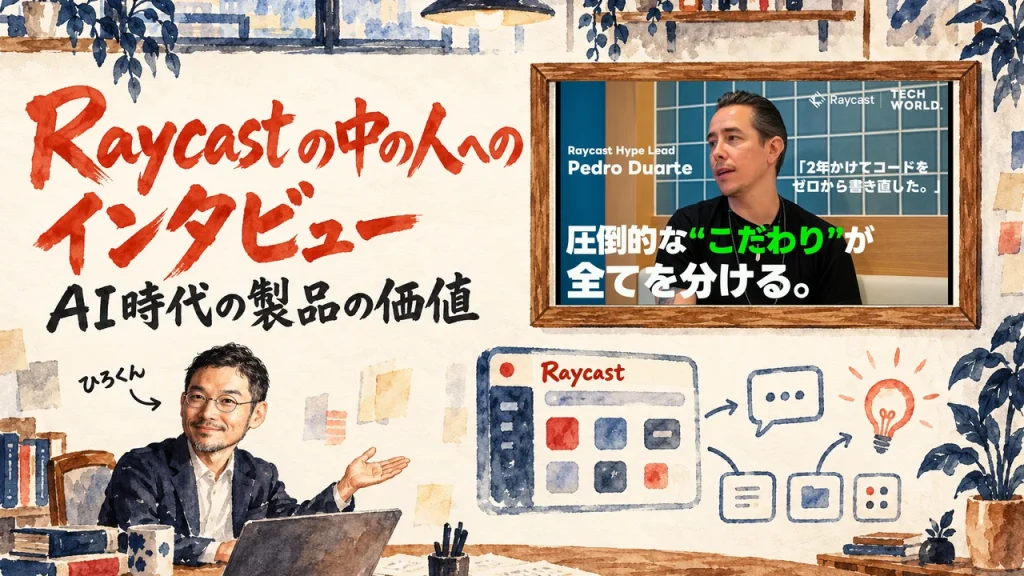 Raycast の中の人へのインタビュー、というタイトルの大きな筆文字。小さな私が手前で手を広げ、右上の額縁に動画のサムネイル
