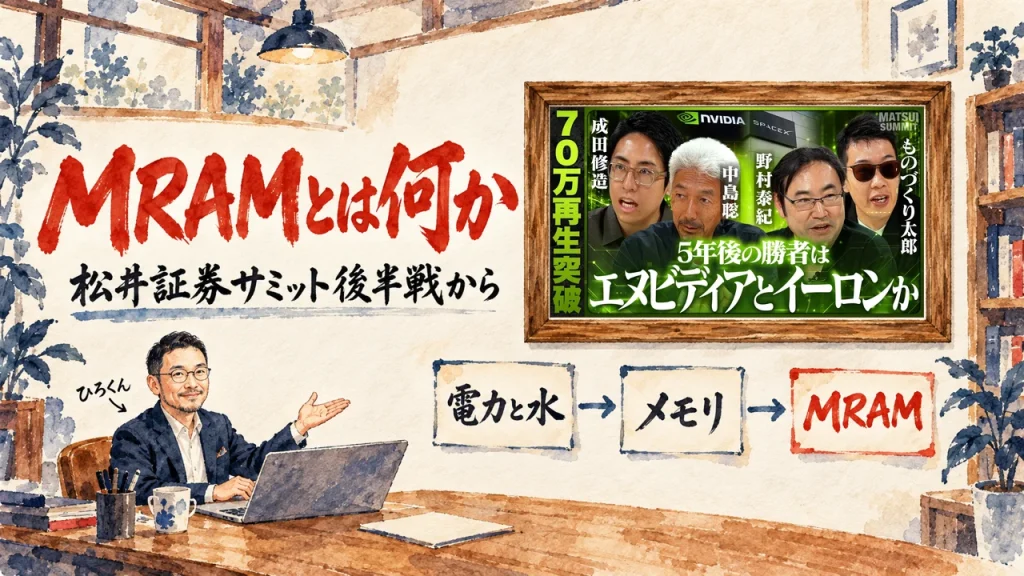 MRAMをテーマにした記事のアイキャッチ。机のノートPCの前で手を差し出すひろくんと、壁に貼られた電力と水、メモリ、MRAMの3枚の札。壁の額縁に動画のサムネイル