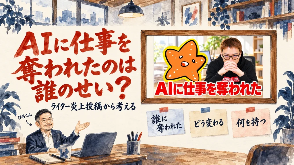 「AIに仕事を奪われたのは誰のせい？」の題字と、ひろくんが話す書斎の水彩イラスト。壁の額に入った、ABCオンラインの動画のサムネイル