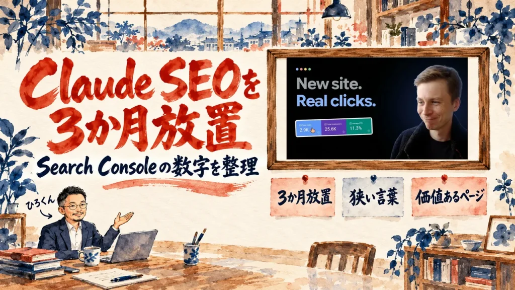 Claude SEOのサイトを3か月放置した話をテーマにしたアイキャッチ。机のノートPCの前で手を差し出すひろくんと、壁に貼られた3か月放置、狭い言葉、価値あるページの3枚の札。壁の額縁に動画のサムネイル